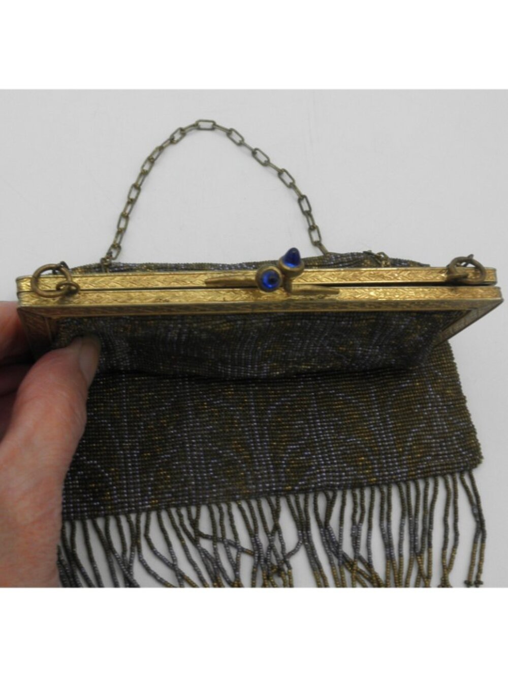 Vintage Antique Micro Beaded Purse Art Deco Evening Bag Gold Blue with Fringe - Picture 5 of 14